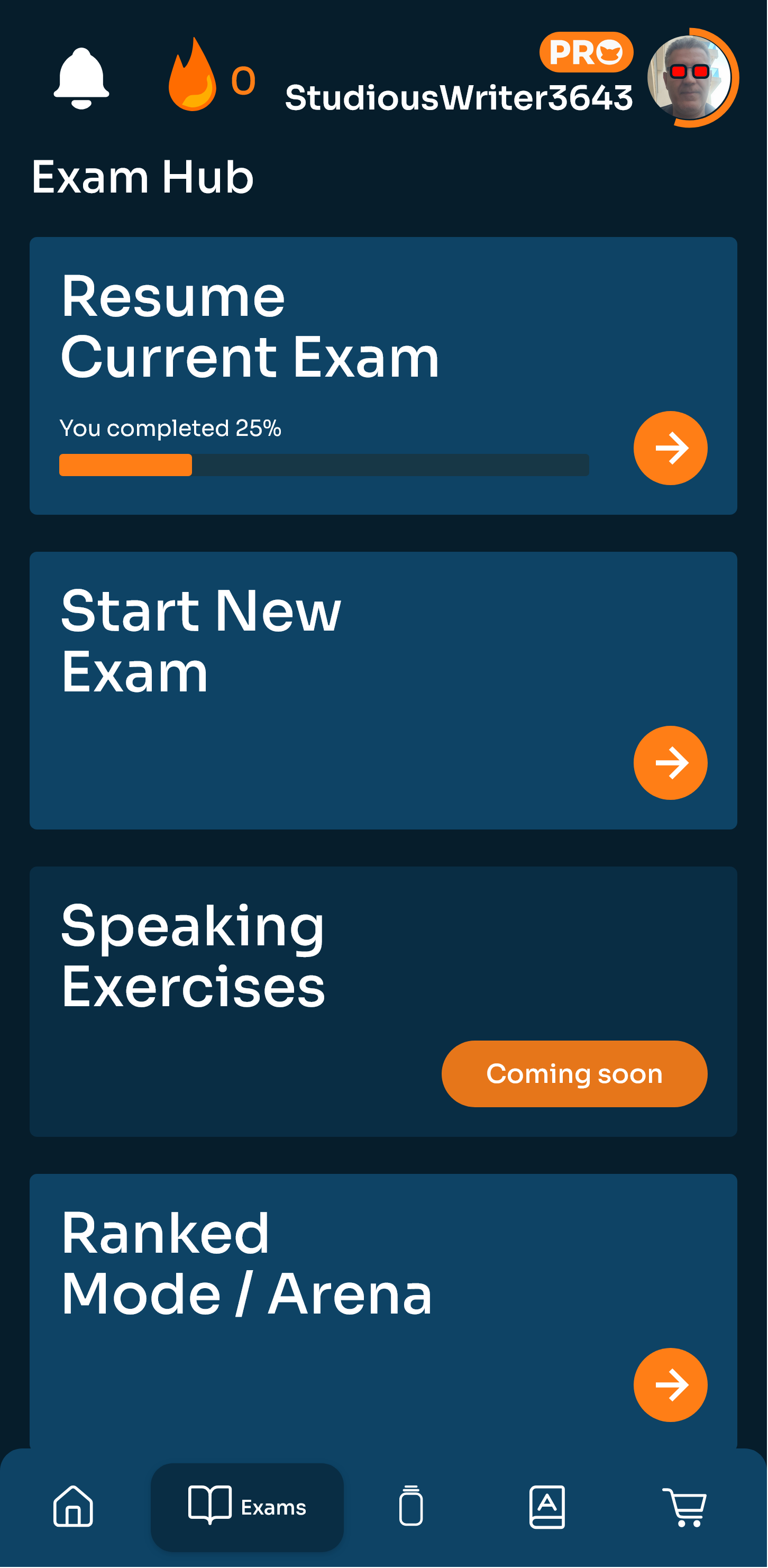 English4Exams exam hub screen