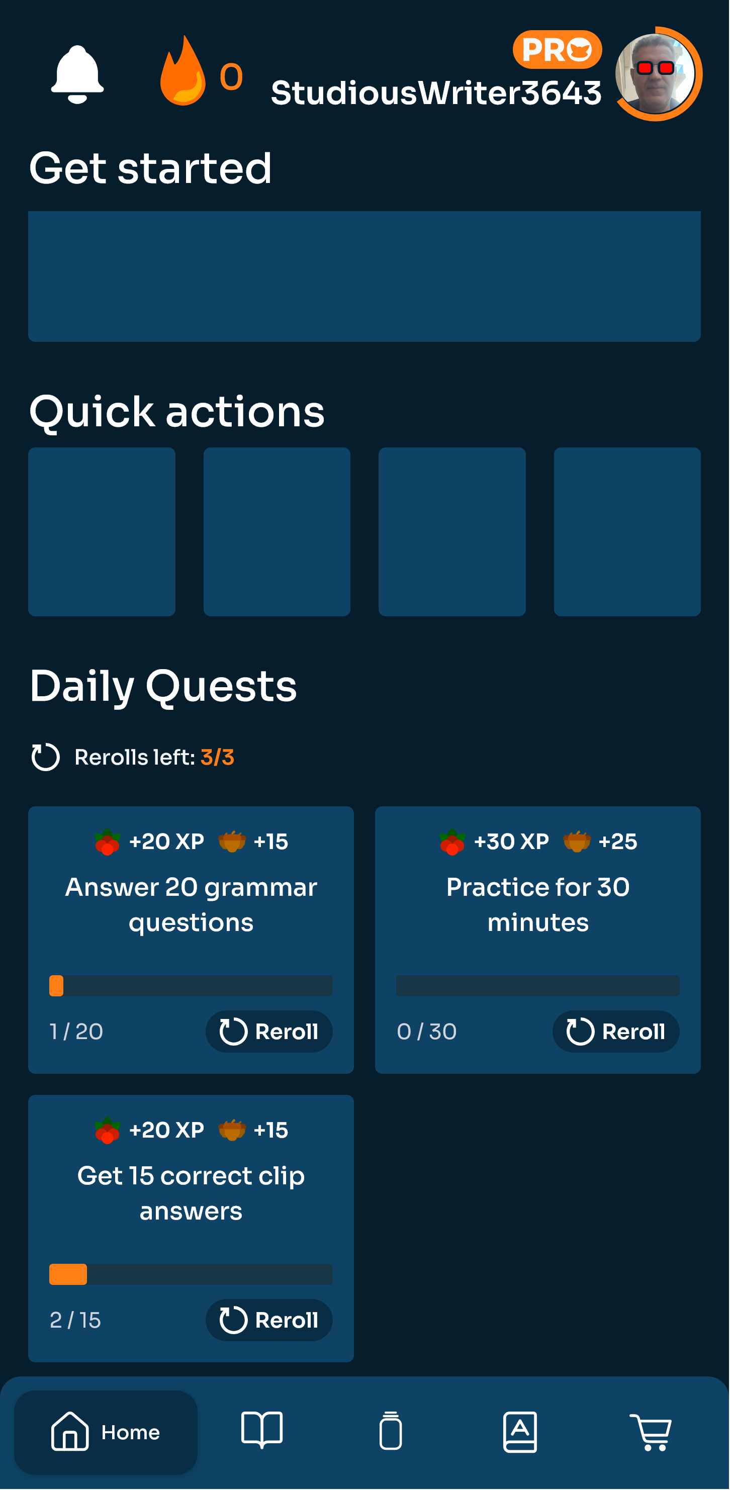 English4Exams quests screen