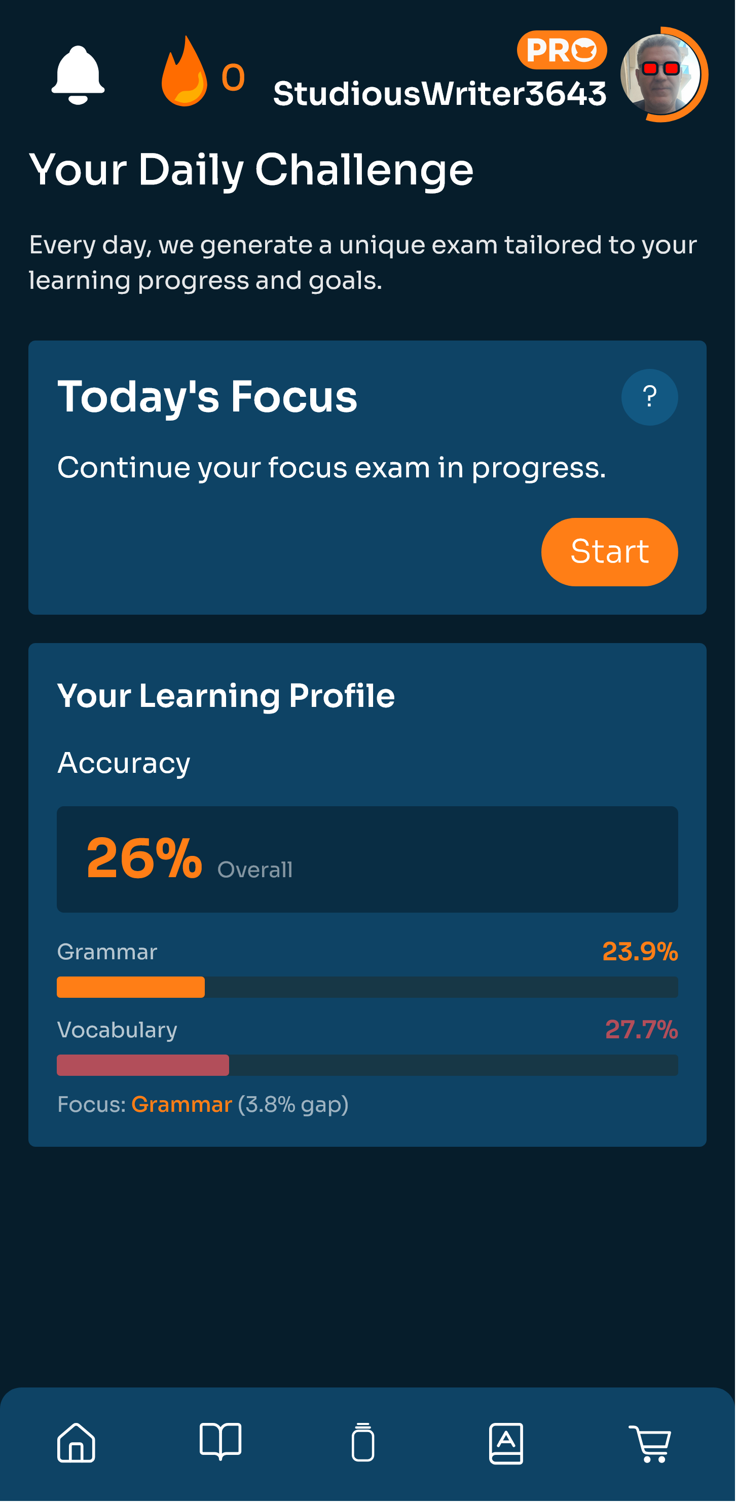 English4Exams Today's Focus screen